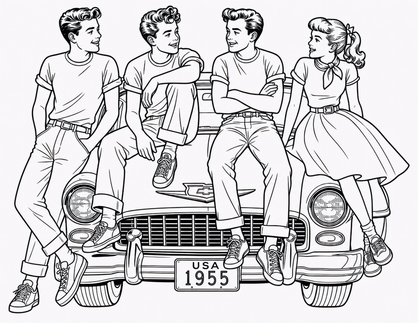 1950s Teens Coloring Page, Four Friends on a Classic Chevy