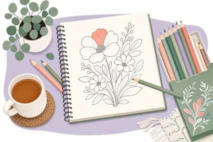 Top-down view of a cozy coloring workspace