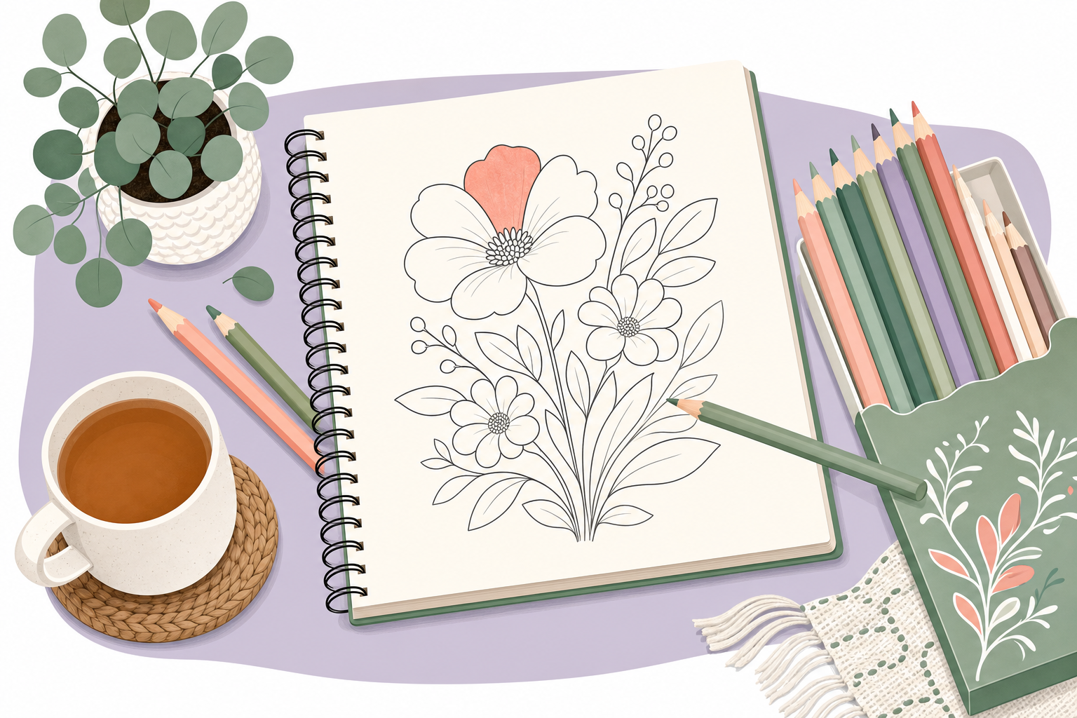 Top-down view of a cozy coloring workspace