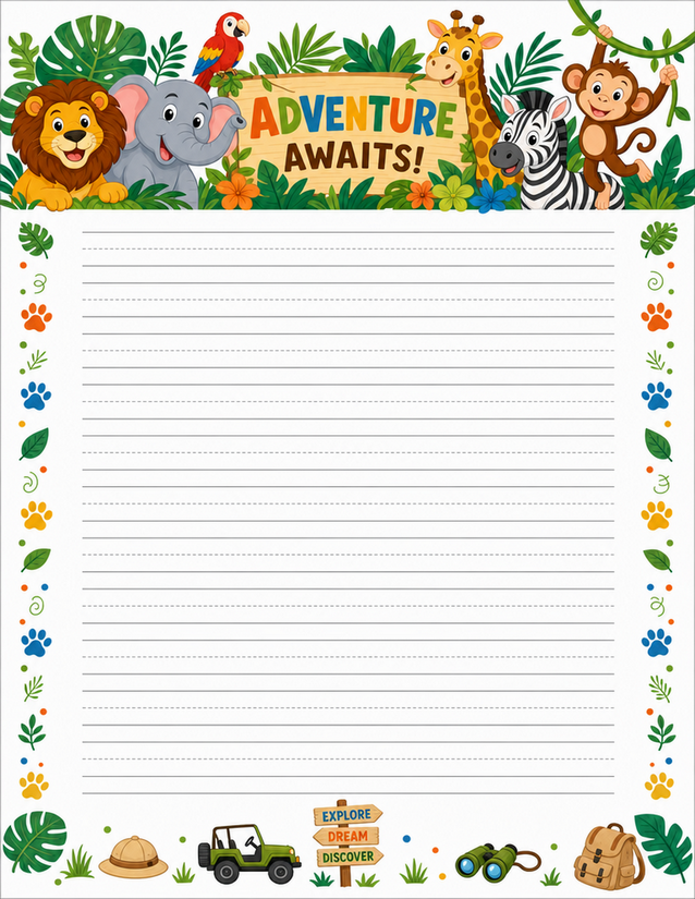 Adventure Awaits Writing Paper, Safari Animals and Explore Dream Discover