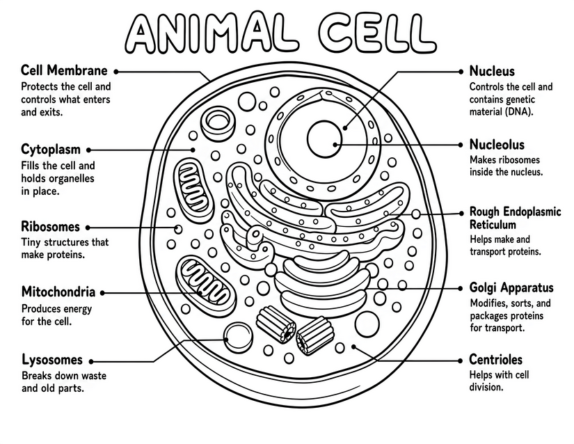 Animal Cell Coloring Page, 9 Labeled Organelles