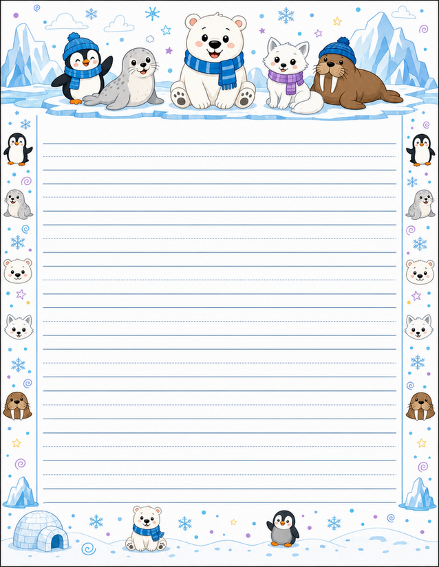Arctic Animals Handwriting Page, Polar Bear Penguin and Friends