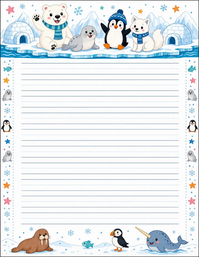 Arctic Animals Writing Paper, Polar Bear, Narwhal, and Puffin