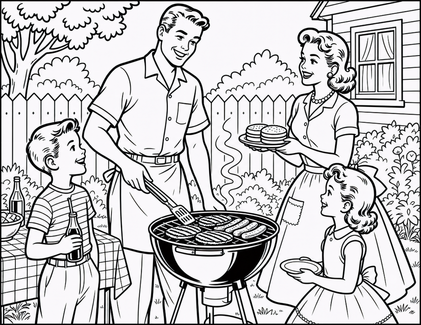 Backyard BBQ Coloring Page, Dad at the Grill With the Family