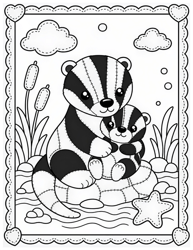 Badger and Baby Coloring Page, Patchwork Style with Heart Frame