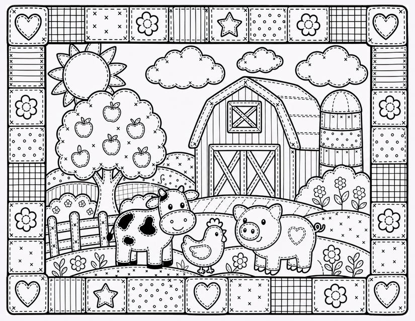Barnyard Scene Coloring Page, Cow, Pig, and Chick by the Barn