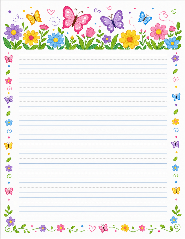 Butterfly Garden Writing Paper, Flowers and Dotted Side Borders