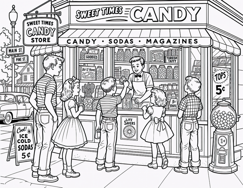 Candy Store Coloring Page, Sweet Times Shop With Five Kids