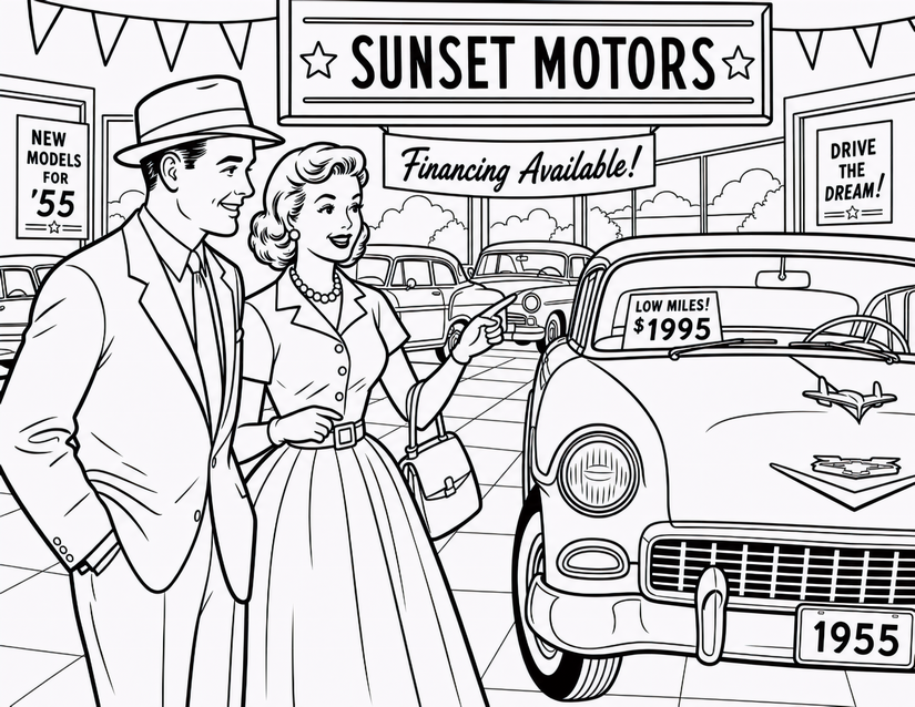 Car Dealership Coloring Page, Sunset Motors Showroom 1955