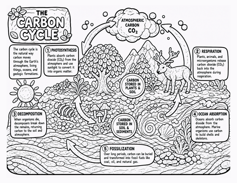 Carbon Cycle Coloring Page, Five Labeled Stages