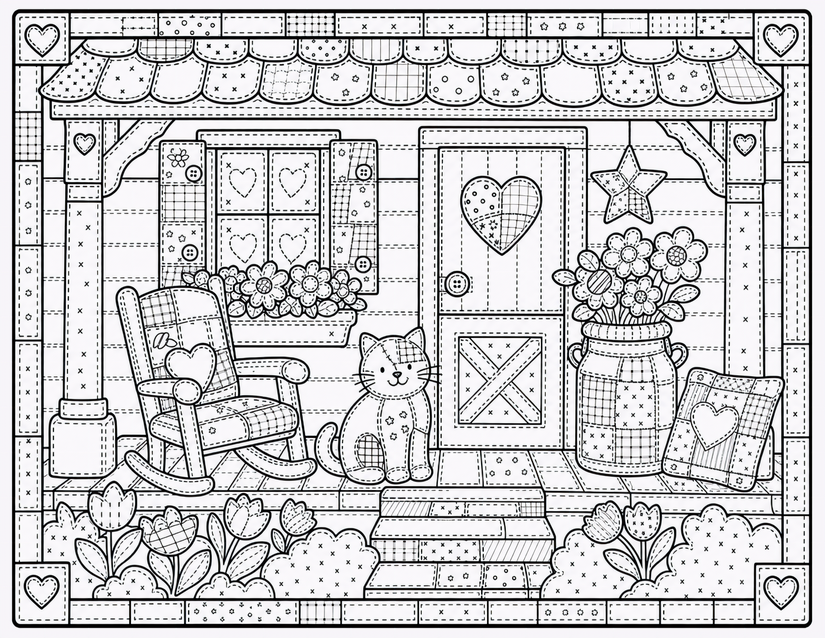 Cat on Porch Coloring Page, Rocking Chair and Milk Jug Flowers