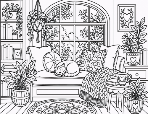 Cat Sleeping Window Seat Houseplants