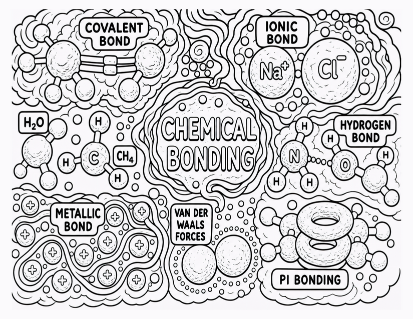 Chemical Bonding Coloring Page, Six Bond Types in One