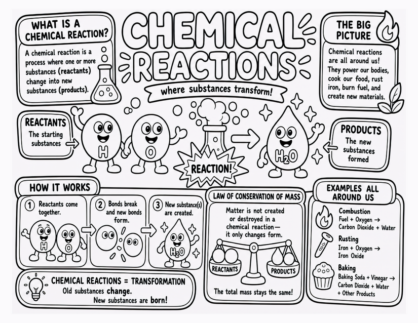 Chemical Reactions Coloring Page, Reactants to Products