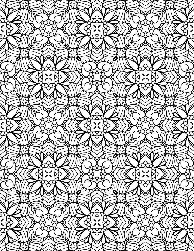 Chevron Petal Bloom Grid Coloring Page, Square Centers and Heart Buds