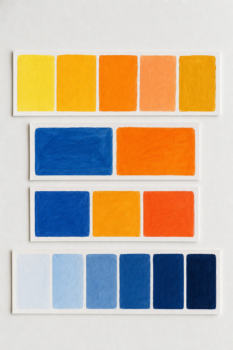 Overhead close-up of four distinct hand-drawn color swatch strips