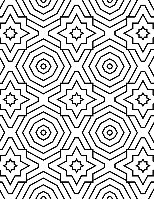 Concentric Hexagon and Star Coloring Page, Striped Rings and Eight-Point Stars