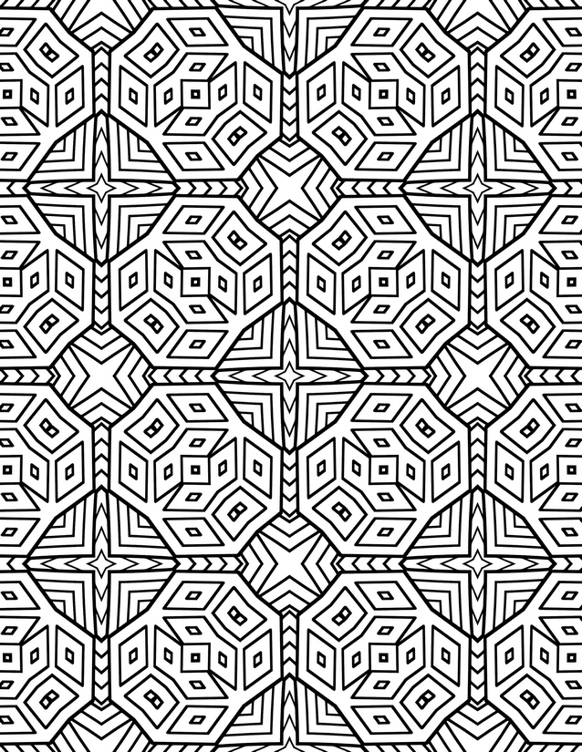 Concentric Hexagon Tile Coloring Page, Four-Point Stars at Intersections