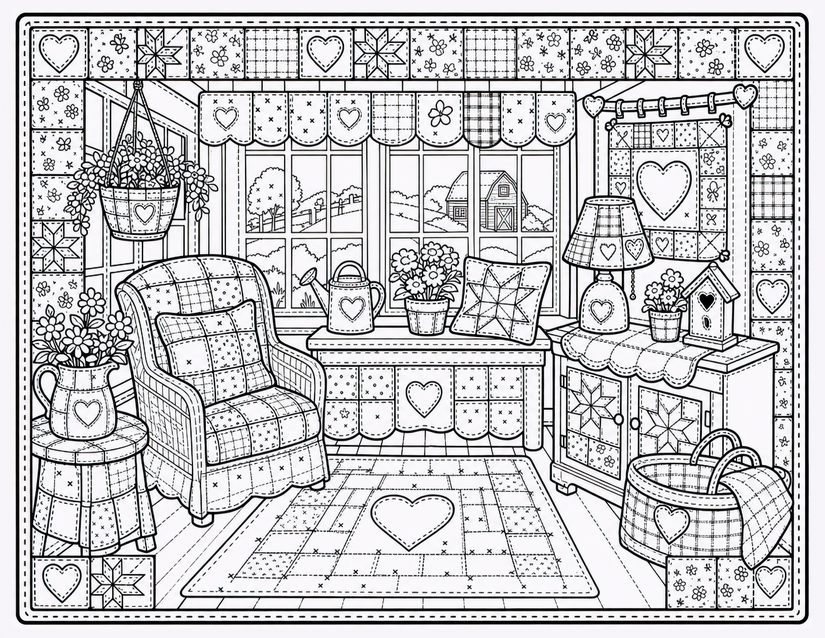 Country Farmhouse Room Coloring Page, Quilted Armchair and Barn View