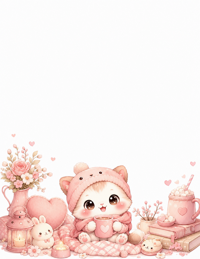 Cozy Bear Cat Stationery, Pink Hearts and Hot Cocoa