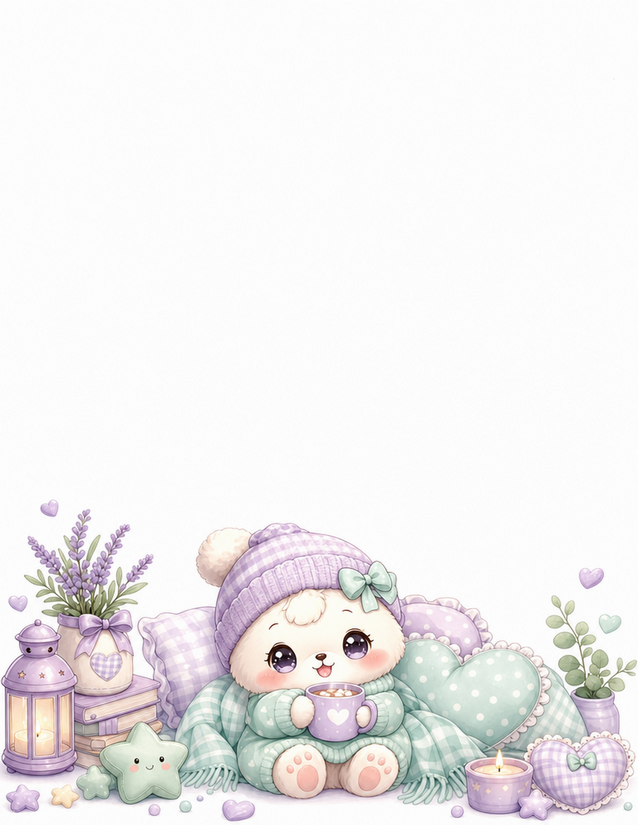 Cozy Bear Stationery, Lavender Pom Hat and Hot Cocoa