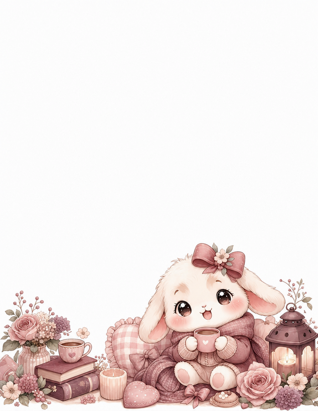 Cozy Bunny Stationery, Pink Roses and Candlelight