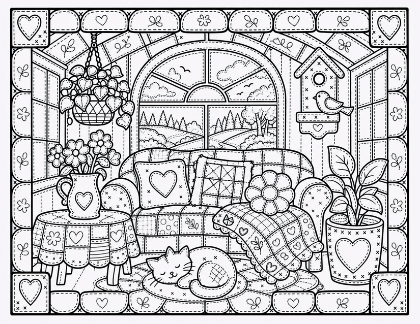 Cozy Farmhouse Living Room Coloring Page, Sleeping Cat and Quilted Sofa