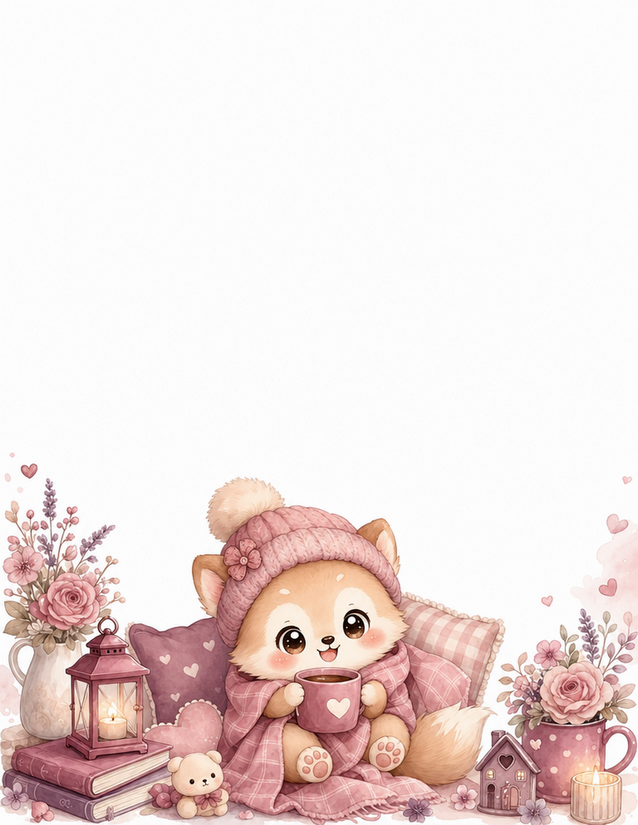 Cozy Fox Stationery, Pink Knit Hat and Heart Mug