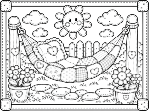 Cozy Garden Hammock Kawaiii Line Art Black White Cozy Whimsical Coloring Page