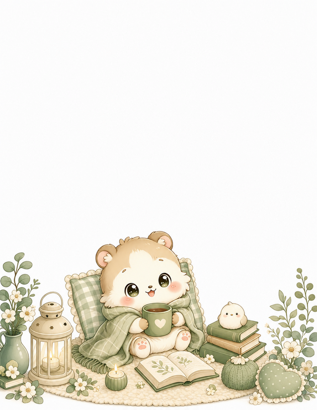 Cozy Hamster Stationery, Lantern, Books, and Green Plaid Blanket