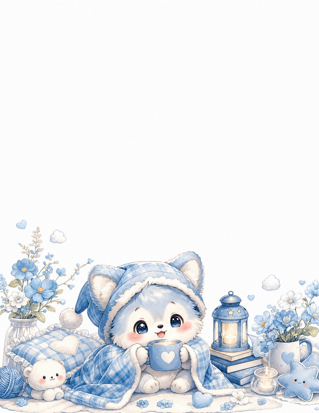 Cozy Husky Stationery, Blue Plaid Blanket and Lantern