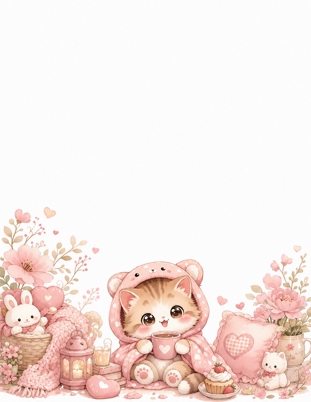 Cozy Kitten Stationery, Pink Bear Hood and Heart Cup