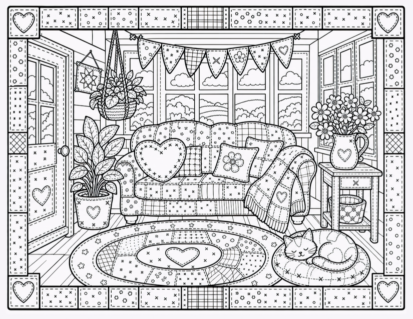 Cozy Living Room Cat Coloring Page, Bunting and Heart Rug