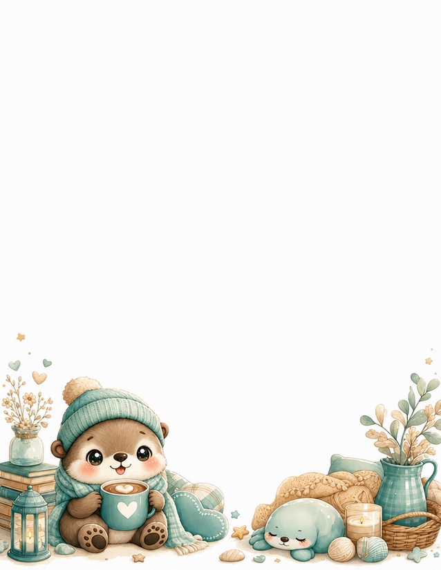 Cozy Otter Stationery, Teal Hat and Heart Mug