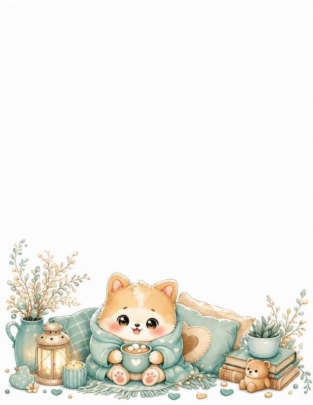 Cozy Puppy Stationery, Blanket and Hot Cocoa Bottom Border