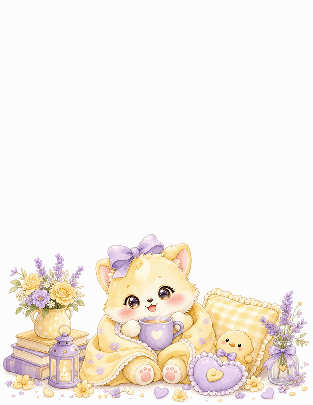 Cozy Puppy Tea Stationery, Lavender Bow and Heart Mug