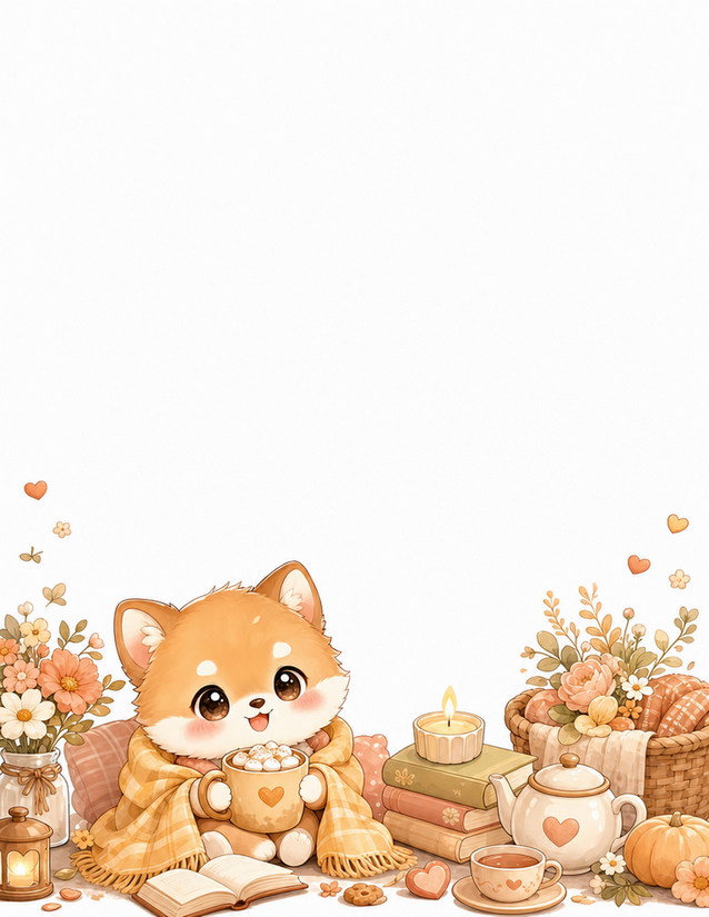 Cozy Shiba Stationery, Wrapped in a Plaid Scarf With Cocoa
