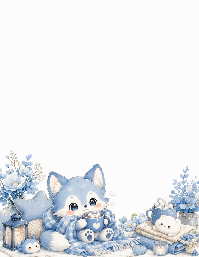 Cozy Wolf Stationery, Blue Plaid Blanket and Hot Cocoa