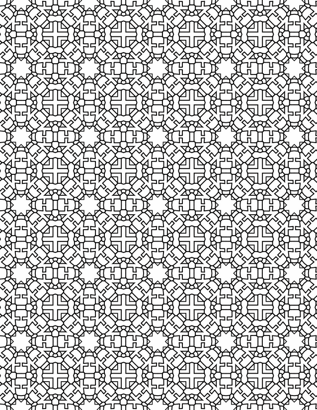Cross Lattice Square Coloring Page, Eight-Point Stars and Notched Borders