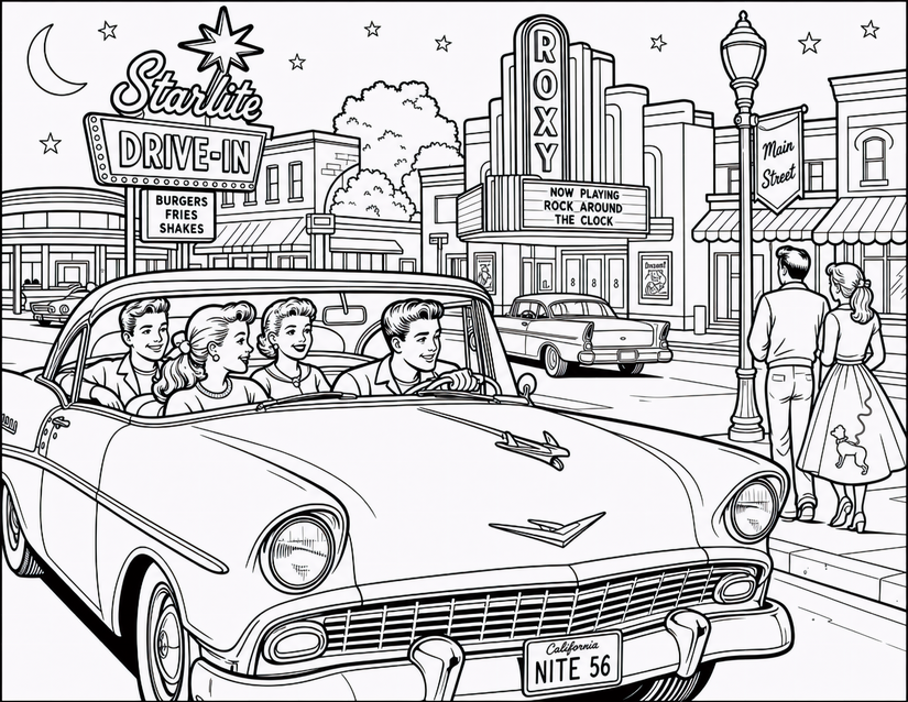 Cruise Night Coloring Page, Starlite Drive-In and Roxy Theater