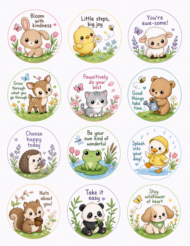 Cute Animal Affirmation Stickers, Twelve Circle Designs