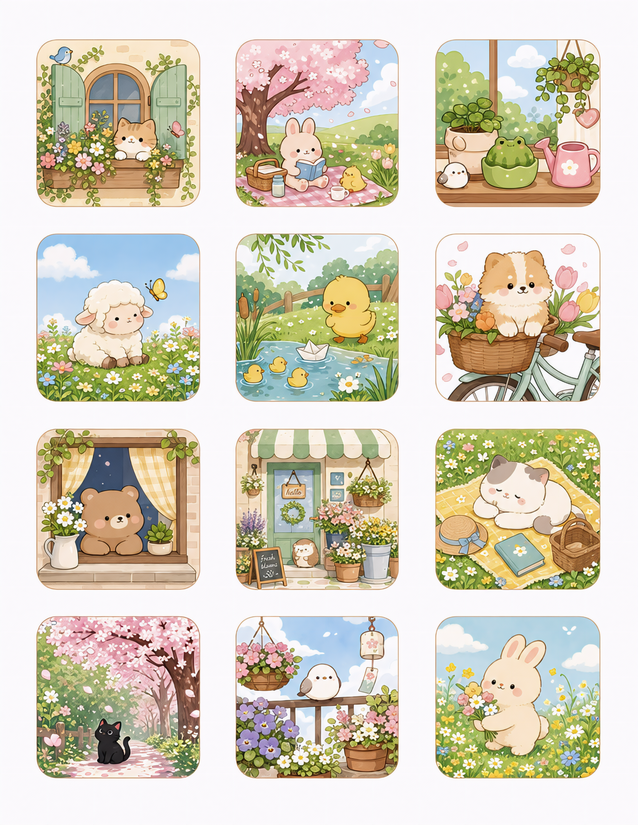 Cute Spring Animal Stickers, 12 Kawaii Scenes on One Sheet