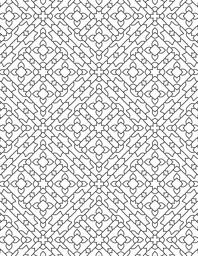 Diamond Floral Lattice Coloring Page, Heart Corners and Star Centers