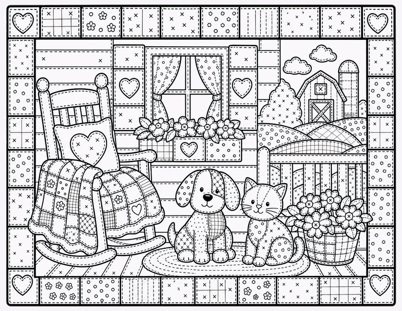 Dog and Cat Porch Coloring Page, Rocking Chair and Barn View