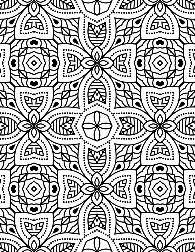 Dotted Arch and Petal Grid Coloring Page, Hearts and Diamonds