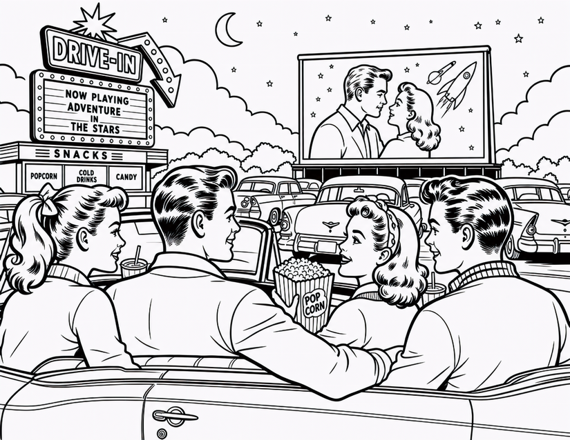 Drive-In Movie Coloring Page, Two Couples and a Neon Marquee