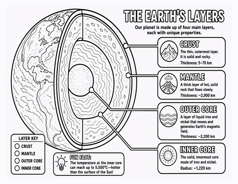 Earth’s Layers Coloring Page, Cross-Section With Four Labeled Zones