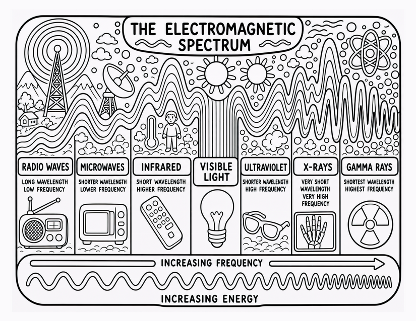 Electromagnetic Spectrum Coloring Page, Seven Wave Types