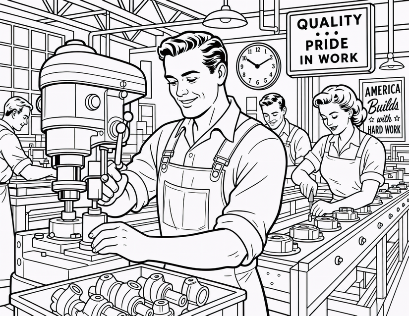 Factory Workers Coloring Page, Drill Press and Assembly Line