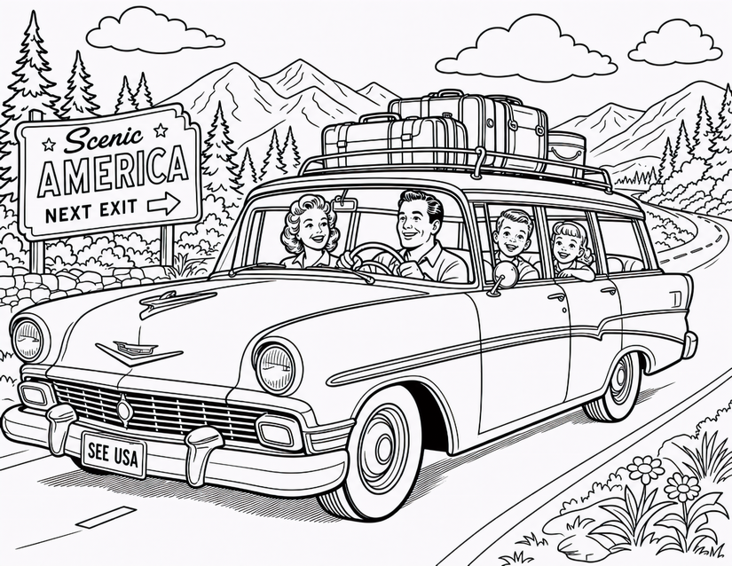 Family Road Trip Coloring Page, Station Wagon and Mountain Scenery